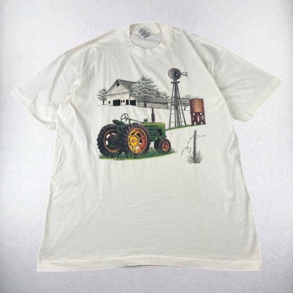 Vintage Farm Tractor Barn T-Shirt Men XL Fruit of Loom White Windmill Graphic